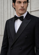 Black Satin Peak Lapel Double-Breasted Tuxedo (2-Piece)