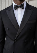 Black Satin Peak Lapel Double-Breasted Tuxedo (2-Piece)