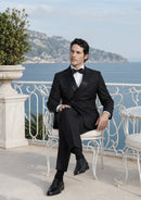 Black Satin Peak Lapel Double-Breasted Tuxedo (2-Piece)