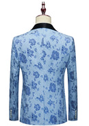 Men's 3-Piece Rose Jacquard Shawl Lapel  Blue Tuexdo