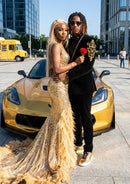 Chaqueta de esmoquin negra de terciopelo con bordado dorado de dos piezas para hombre