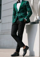 Esmoquin de lentejuelas verde esmeralda de un botón para hombre