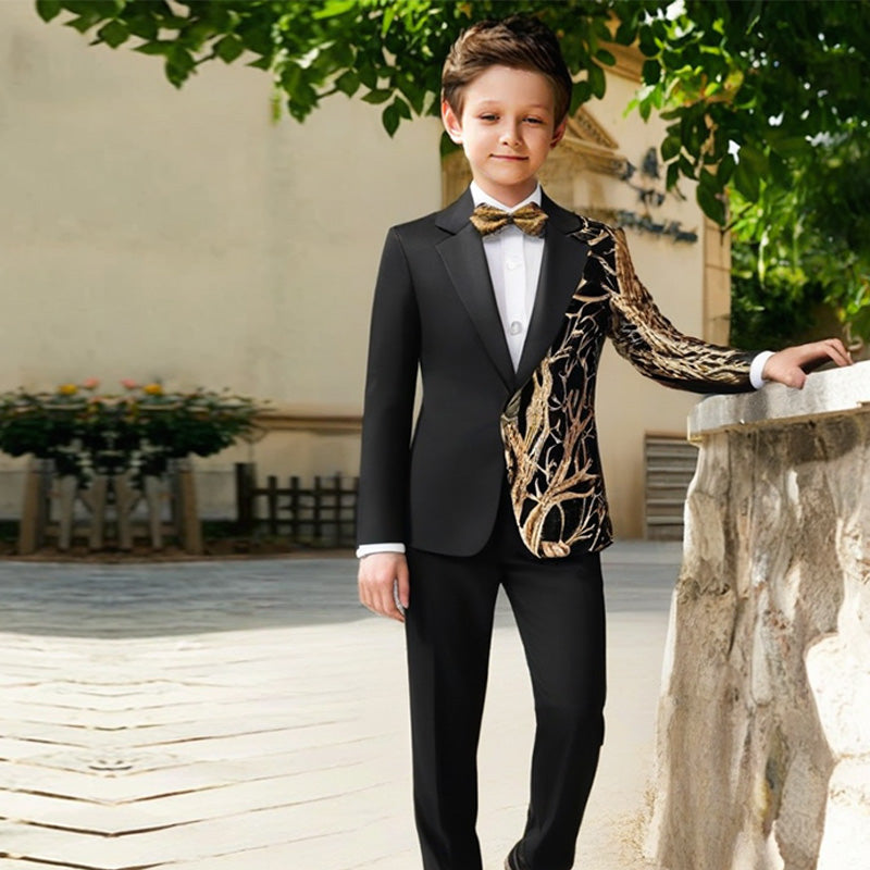 Boy's 2-Piece Gold Sequin Branches Black Suit Tuxedo Boy's 2-Piece Gold Sequin Branches Black Suit Tuxedo
