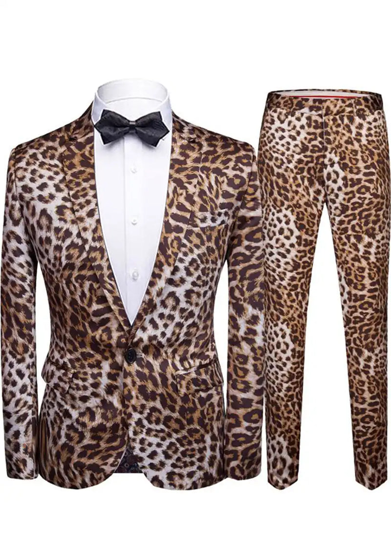 Men's 2-Piece Brown Leopard Print Suit with One Button and Notched Lapel