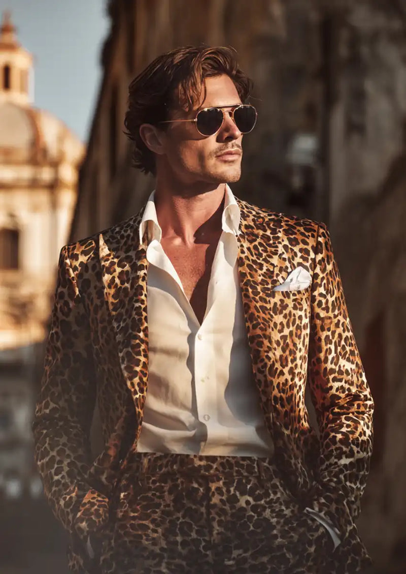 Men's 2-Piece Brown Leopard Print Suit with One Button and Notched Lapel