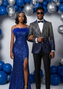 Veste de smoking bleu marine à paillettes dorées pour homme, pour scène