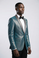 Men's Sequin Embroidered Shawl Lapel Teal blue Tuexdo