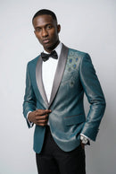 Men's Sequin Embroidered Shawl Lapel Teal blue Tuexdo