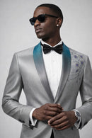 Men's Sequin Embroidered Shawl Lapel Silver Tuexdo