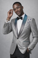 Men's Sequin Embroidered Shawl Lapel Silver Tuexdo