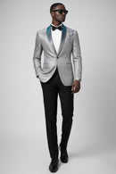 Men's Sequin Embroidered Shawl Lapel Silver Tuexdo