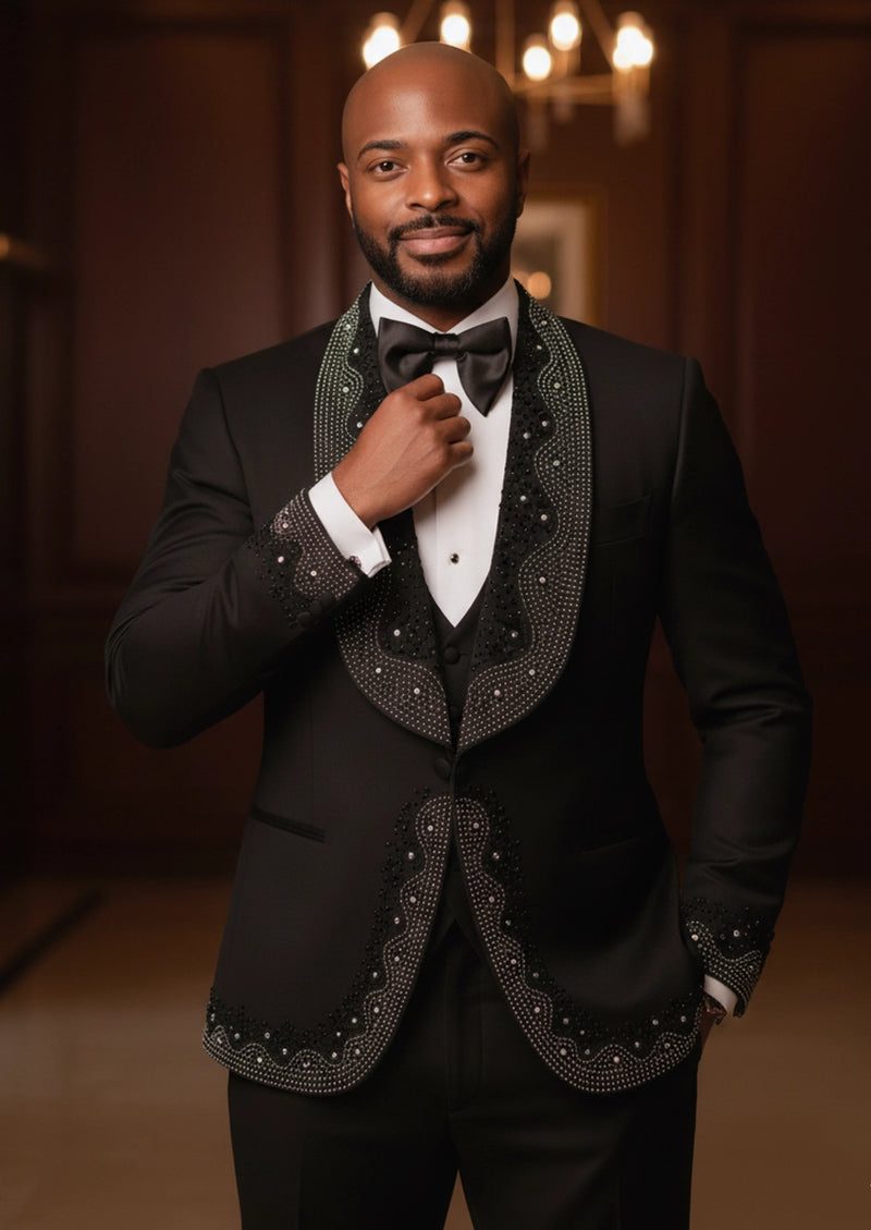 Men's Rhinestone Embellishments 3-Piece Wedding Black Tuxedo Men's Rhinestone Embellishments 3-Piece Wedding Black Tuxedo