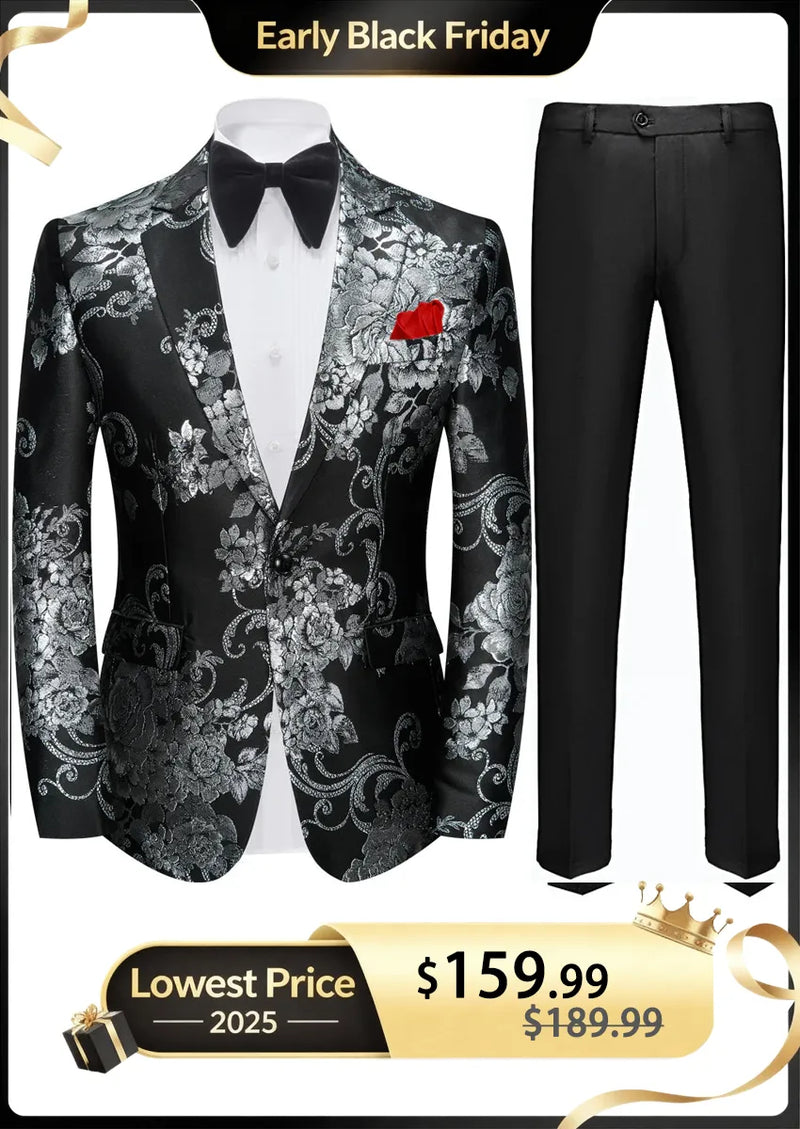 Esmoquin negro de dos piezas con diseño de peonías plateadas y jacquard para hombre