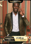 Men's 2-Piece Gold Jacquard Embroidery Paisley Black Tuxedo