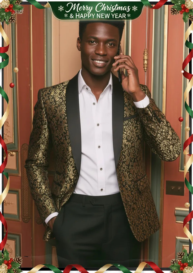 Costume 2 pièces noir pour homme avec broderies jacquard dorées et cachemire