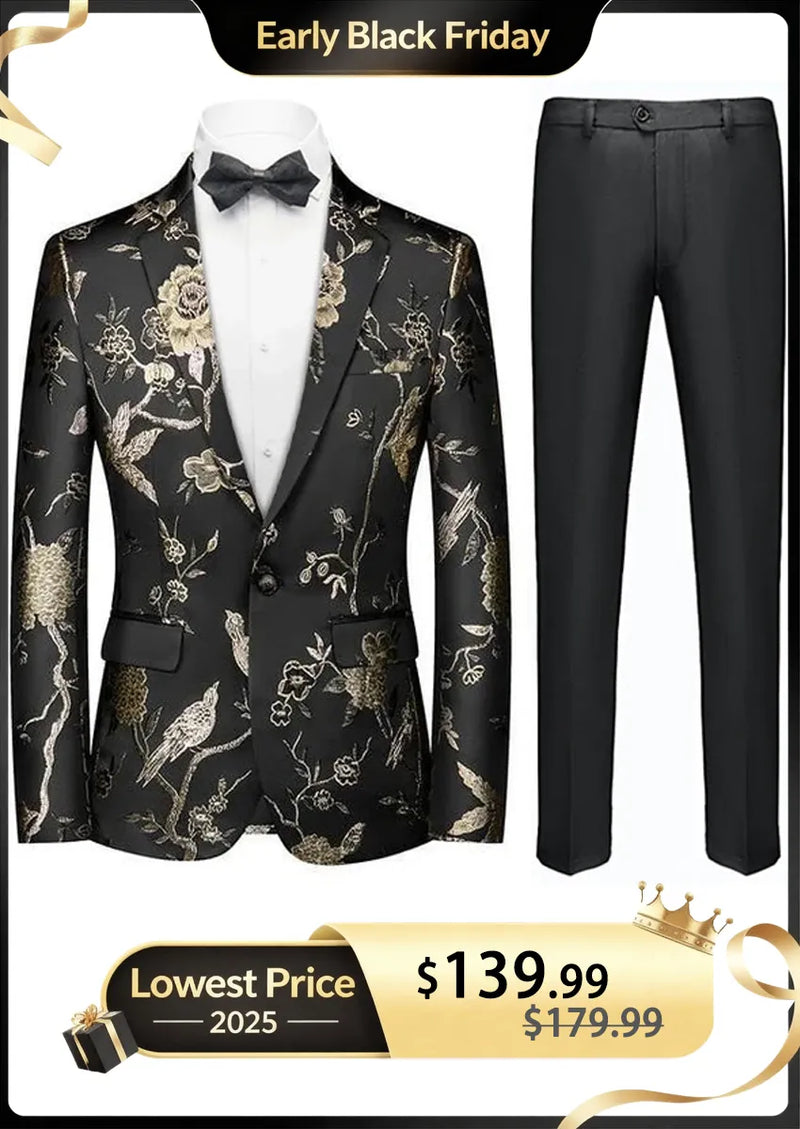 Traje de dos piezas con bordado de bosque y canto de pájaros dorados para hombre