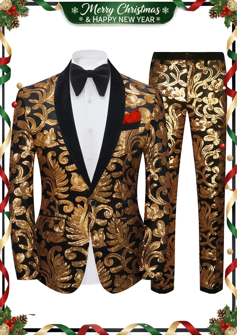 Chaqueta de esmoquin de dos piezas con lentejuelas negras y diseño de flor dorada para hombre