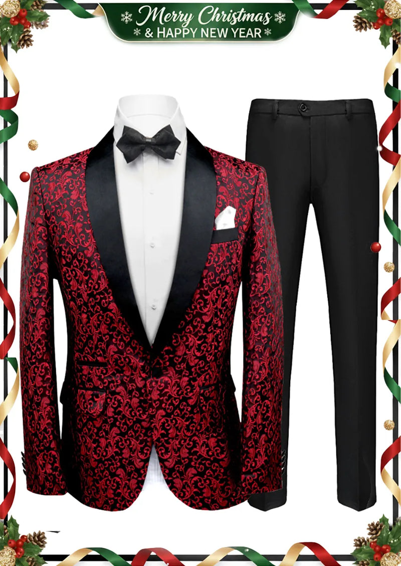 Blazer 2 pièces bordeaux brodé en jacquard pour homme