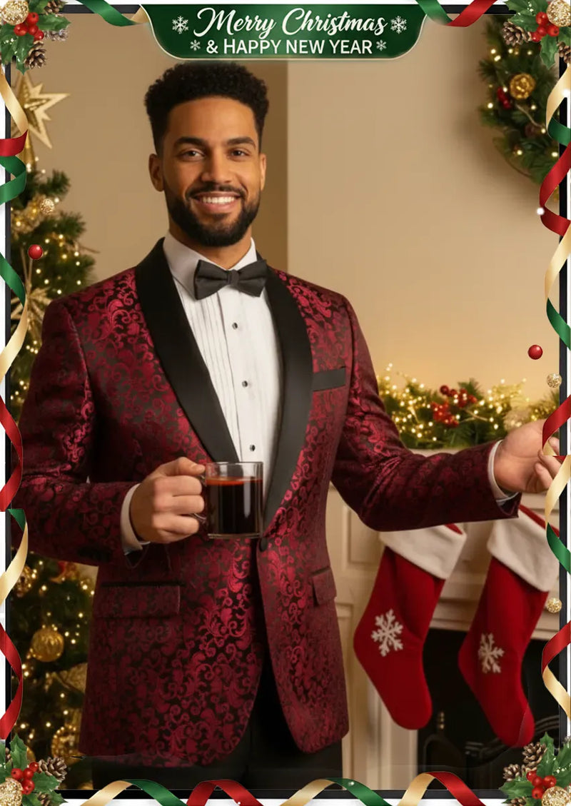 Blazer burdeos de dos piezas con bordado jacquard para hombre