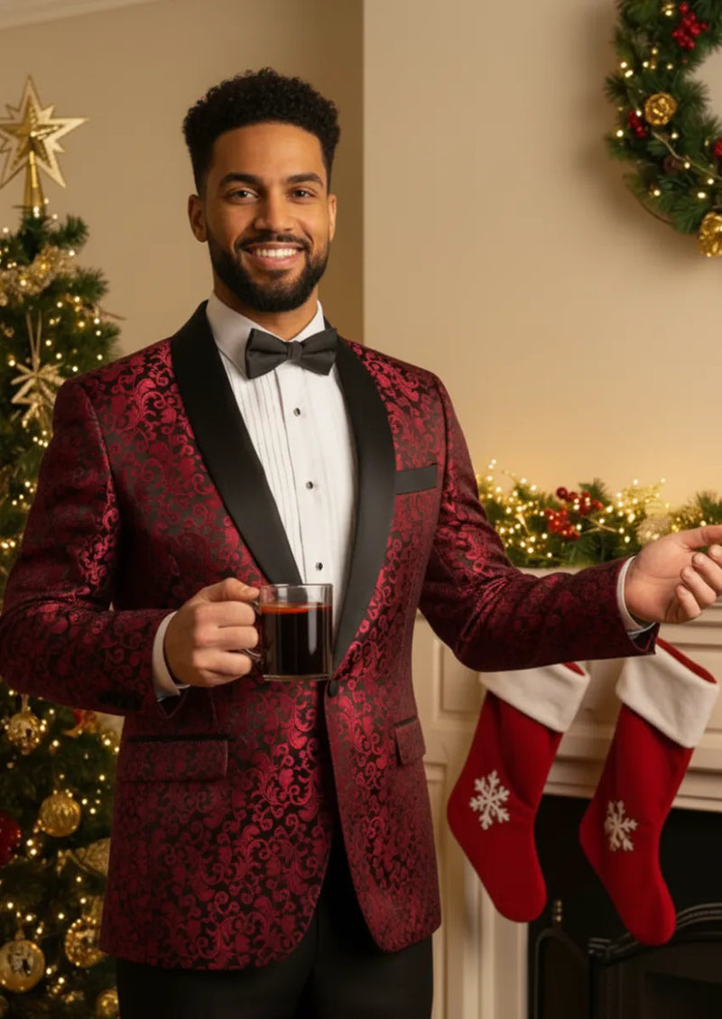 Blazer 2 pièces bordeaux brodé en jacquard pour homme