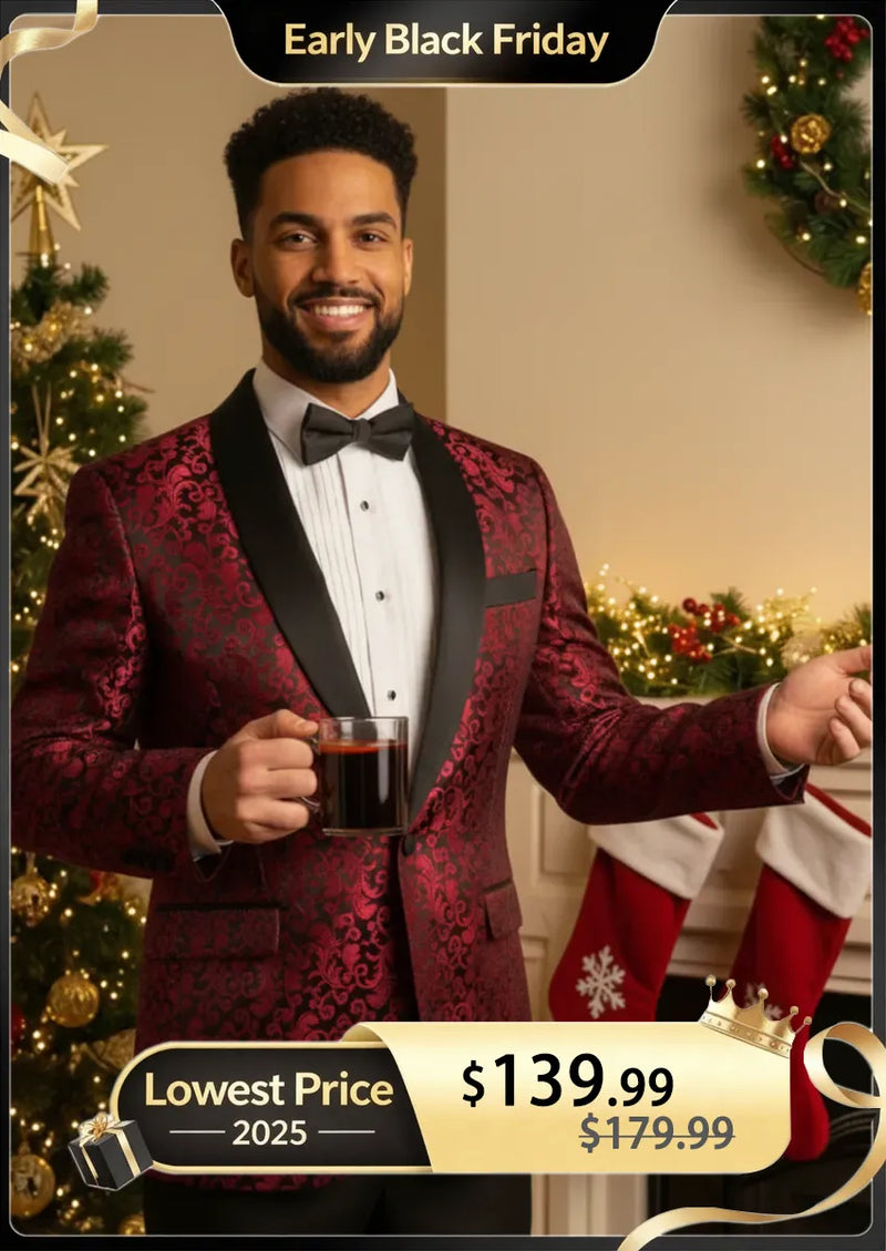 Men's 2-Piece Jacquard Embroidery Burgundy Tuxedo