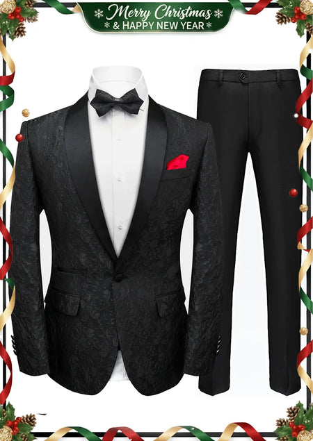 Traje negro de dos piezas con bordado de cachemira y jacquard para hombre