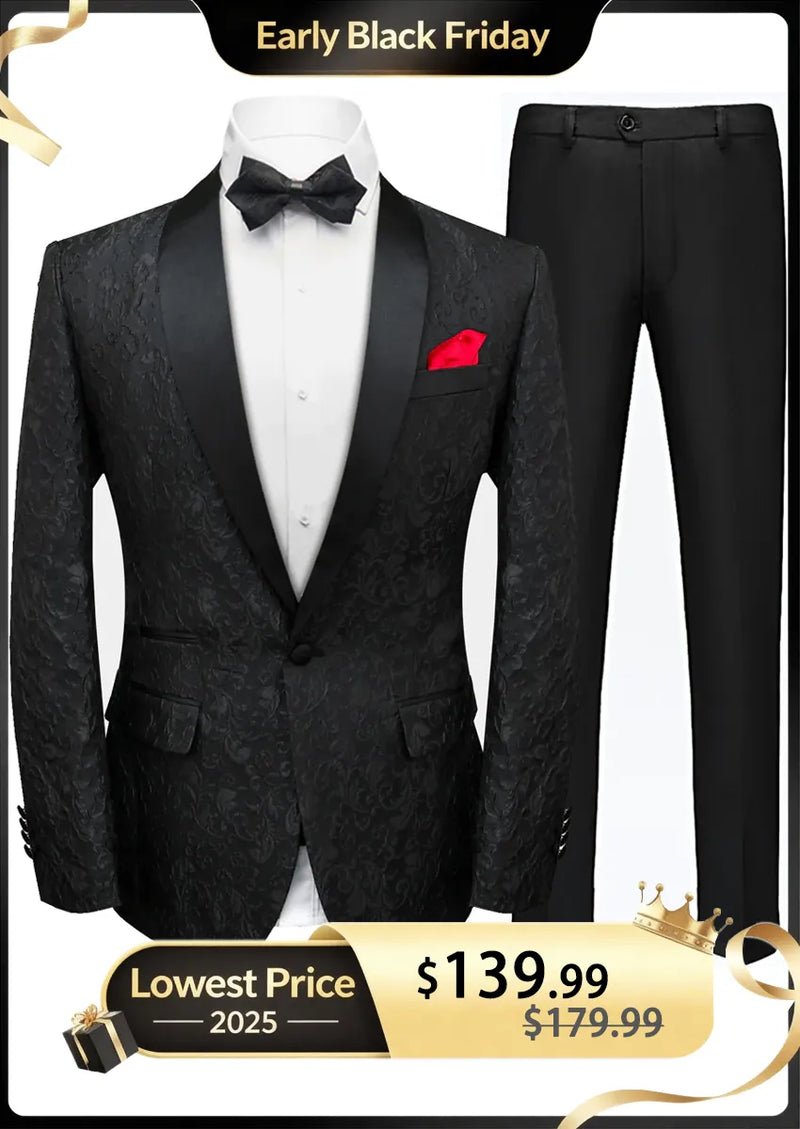 Traje negro de dos piezas con bordado de cachemira y jacquard para hombre