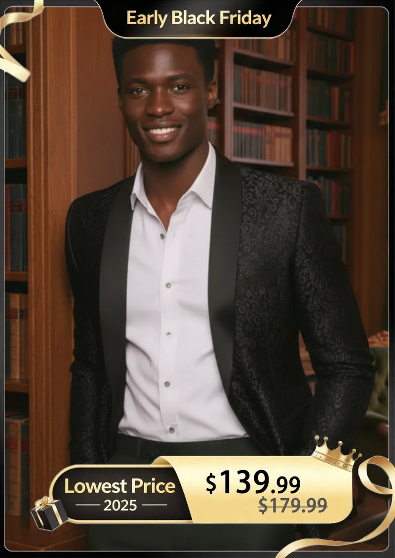 Men's 2-Piece Jacquard Embroidery Paisley Black Tuxedo