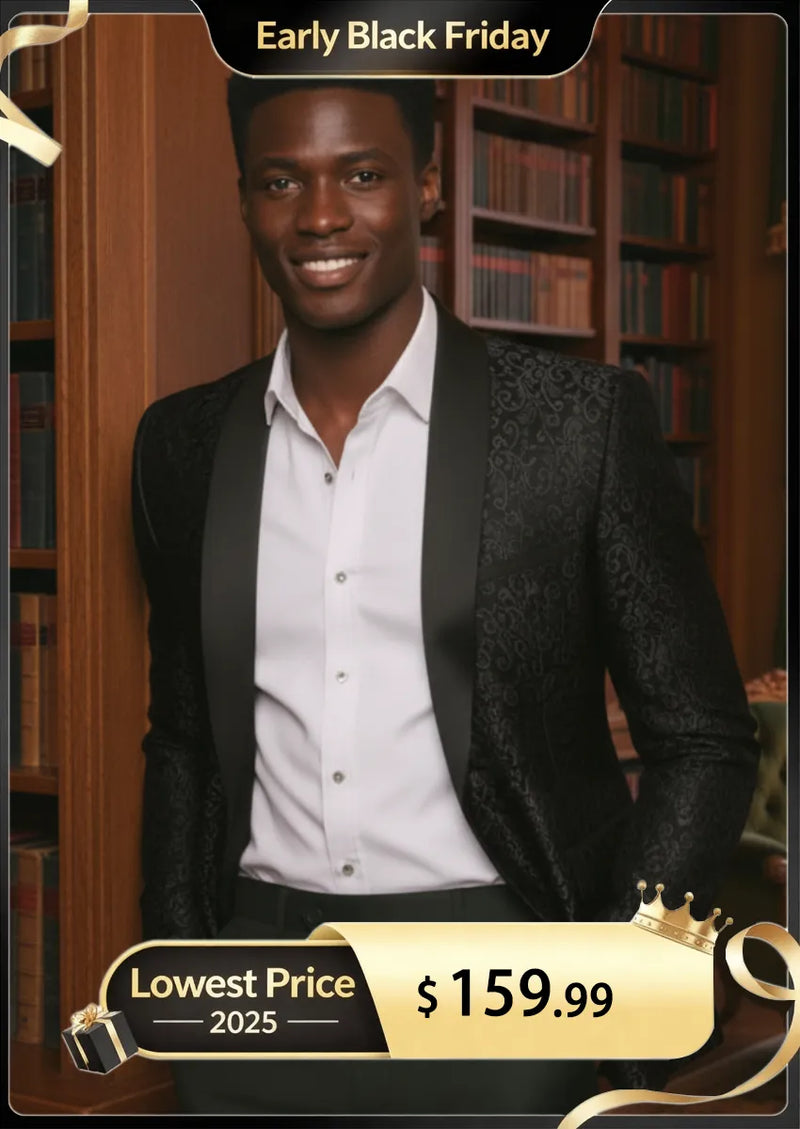 Men's 2-Piece Jacquard Embroidery Paisley Black Tuxedo