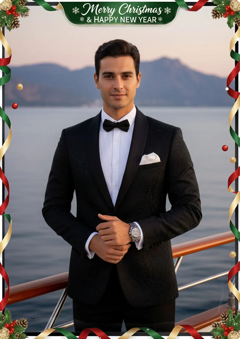 Costume 2 pièces noir pour homme avec broderie jacquard et cachemire