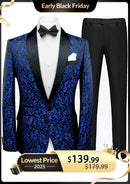 Traje azul marino de dos piezas con bordado de cachemira y jacquard para hombre