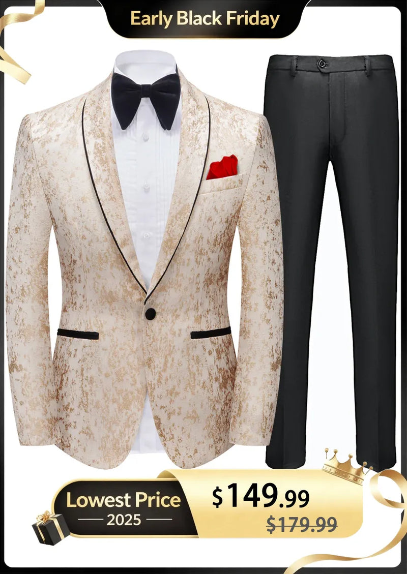 Smoking de mariage deux pièces pour homme, un bouton, col châle, perles et lustre, couleur champagne