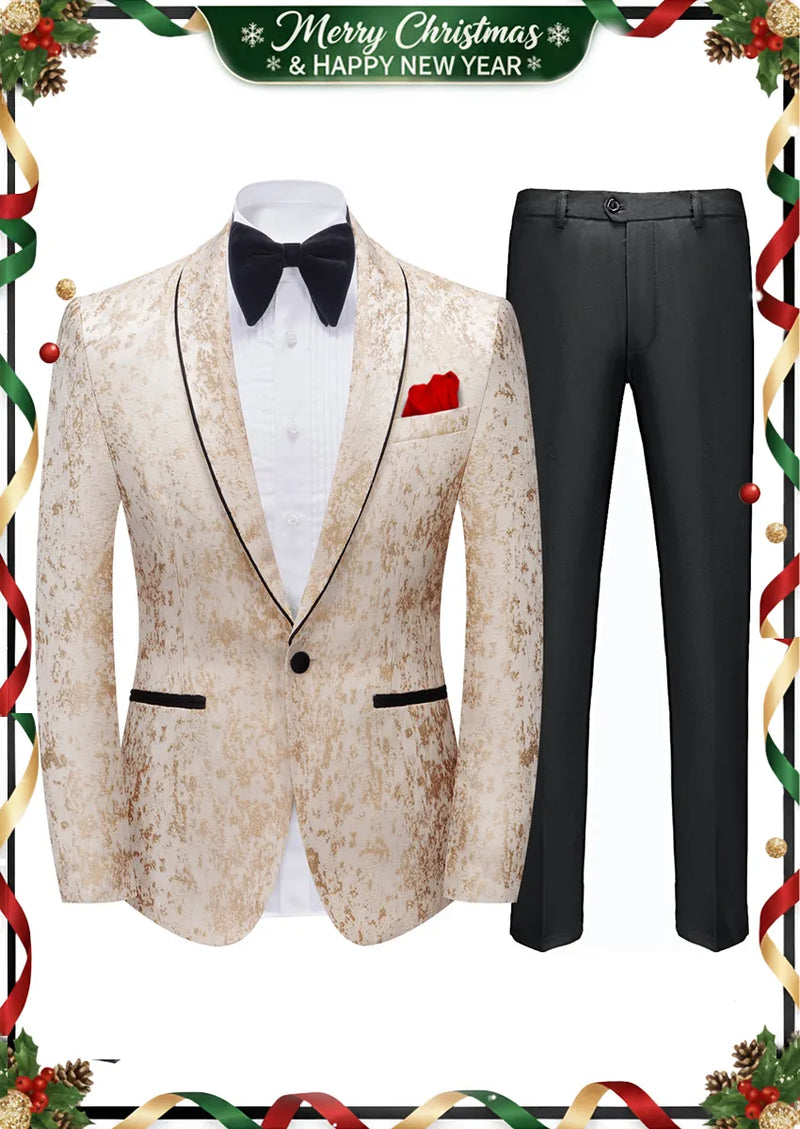 Esmoquin de boda para hombre, de dos piezas, con un botón y solapa chal con brillo perlado, color champán