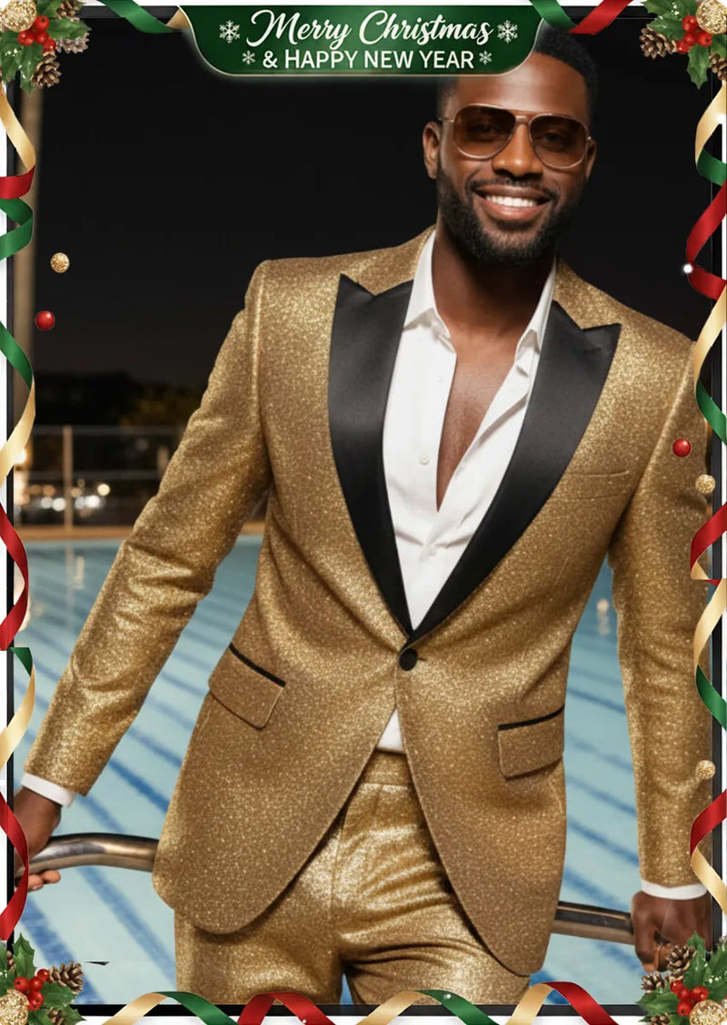 Smoking deux pièces pour homme, un bouton, doré scintillant