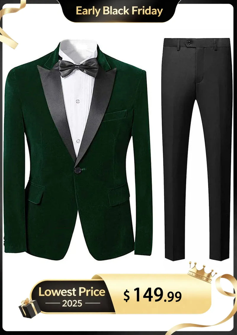 Men's 2-Piece Peak Lapel Dark Green Velvet Tuxedo
