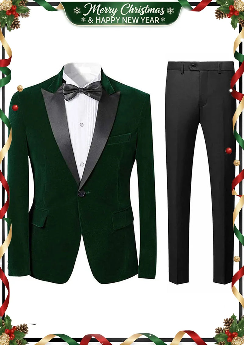 Esmoquin de terciopelo verde oscuro de dos piezas con solapa de pico para hombre