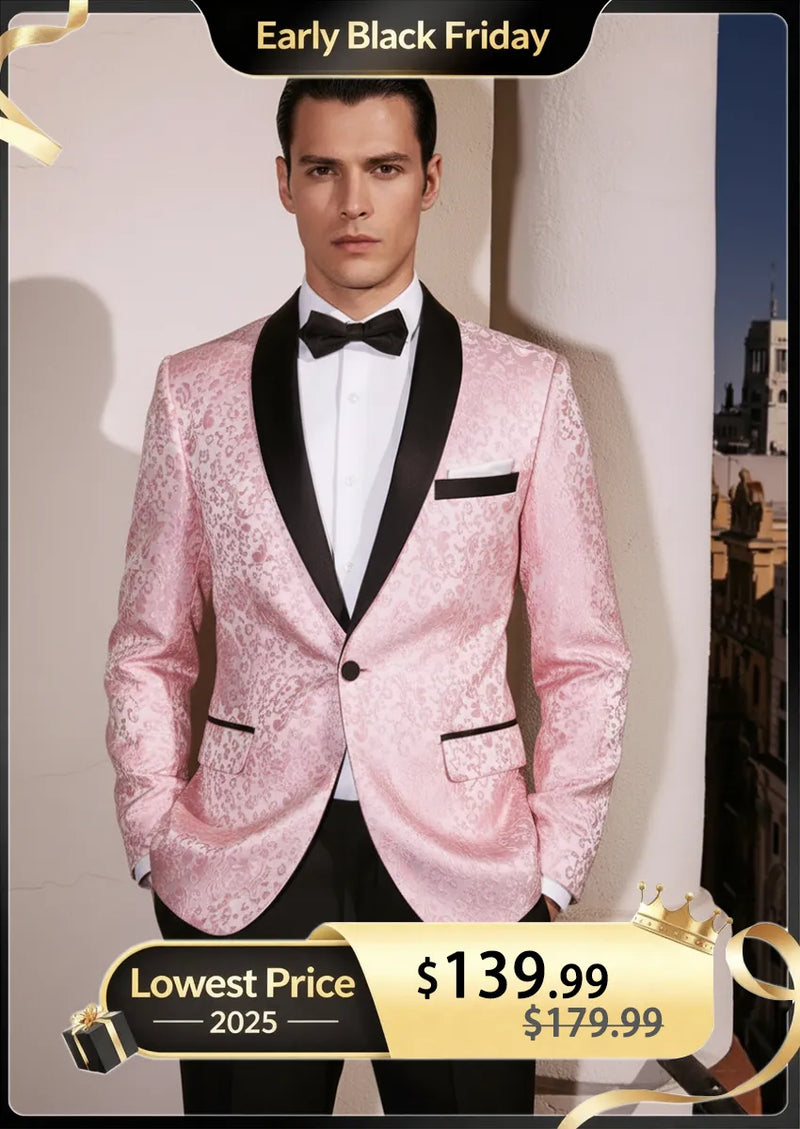 Men's 2-Piece Pink Jacquard Embroidery Paisley Tuxedo