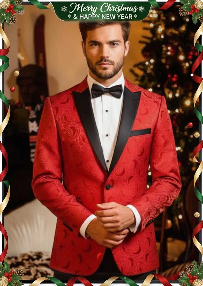 Traje de boda de dos piezas en jacquard rosa rojo para hombre.