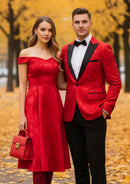 Men's 2-Piece Rose Jacquard Red Wedding Suit for Groom