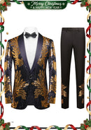 Men's 2-Piece Sequin Golden Leaves Embroidery Tuxedo