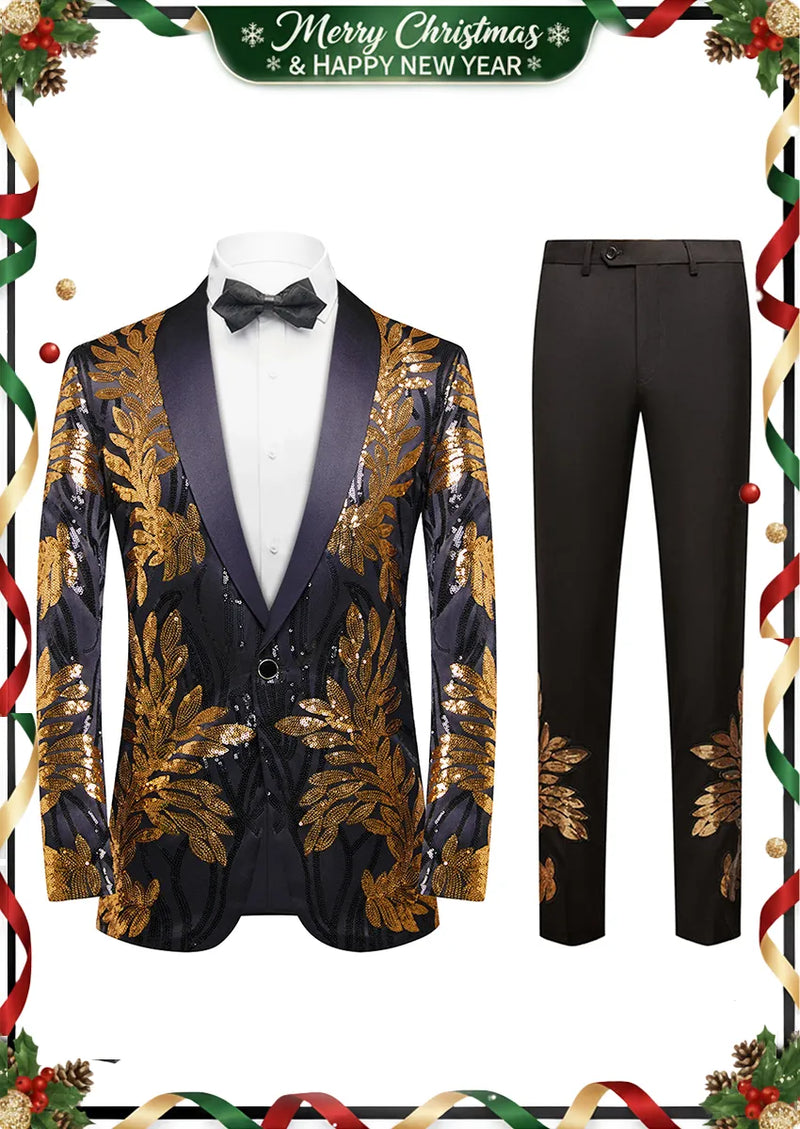 Men's 2-Piece Sequin Golden Leaves Embroidery Tuxedo