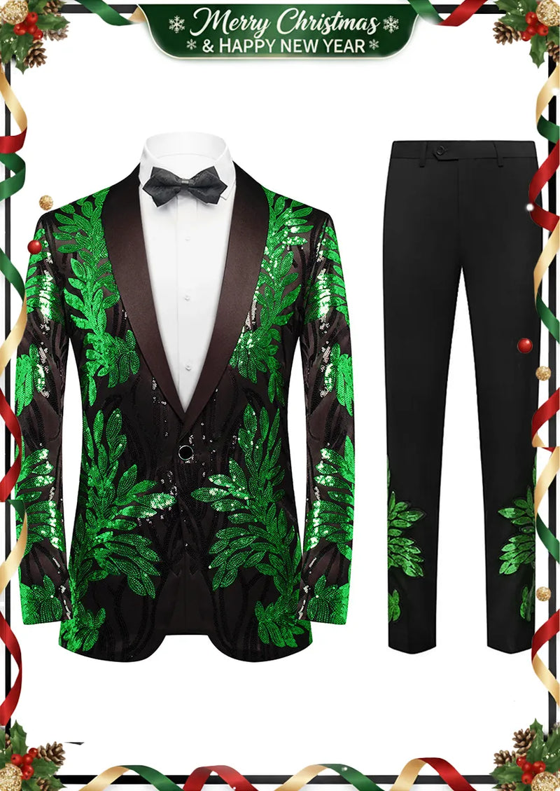 Esmoquin de dos piezas con bordado de hojas verdes y lentejuelas para hombre