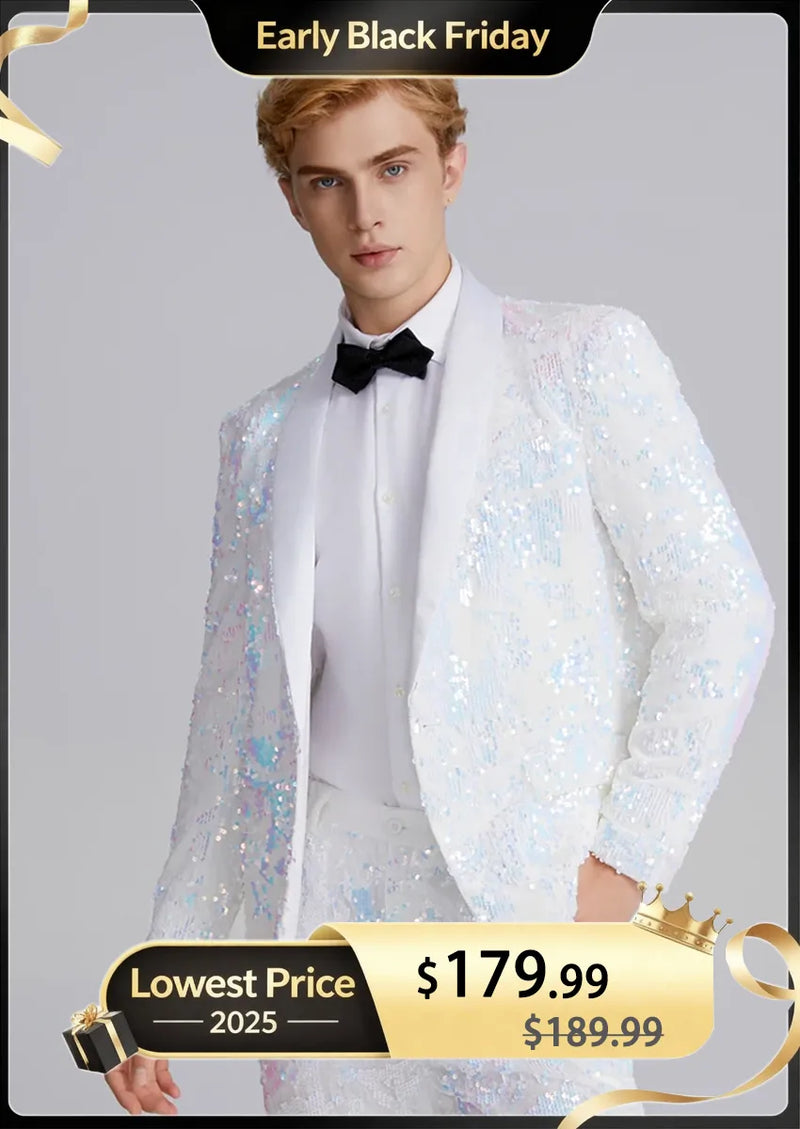 Smoking homme 2 pièces à revers châle en satin bleu et blanc à paillettes