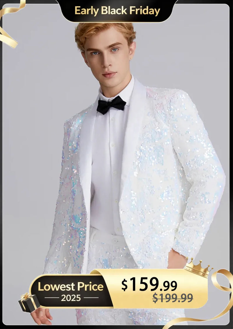 Esmoquin de dos piezas para hombre con solapa chal en satén azul y lentejuelas blancas