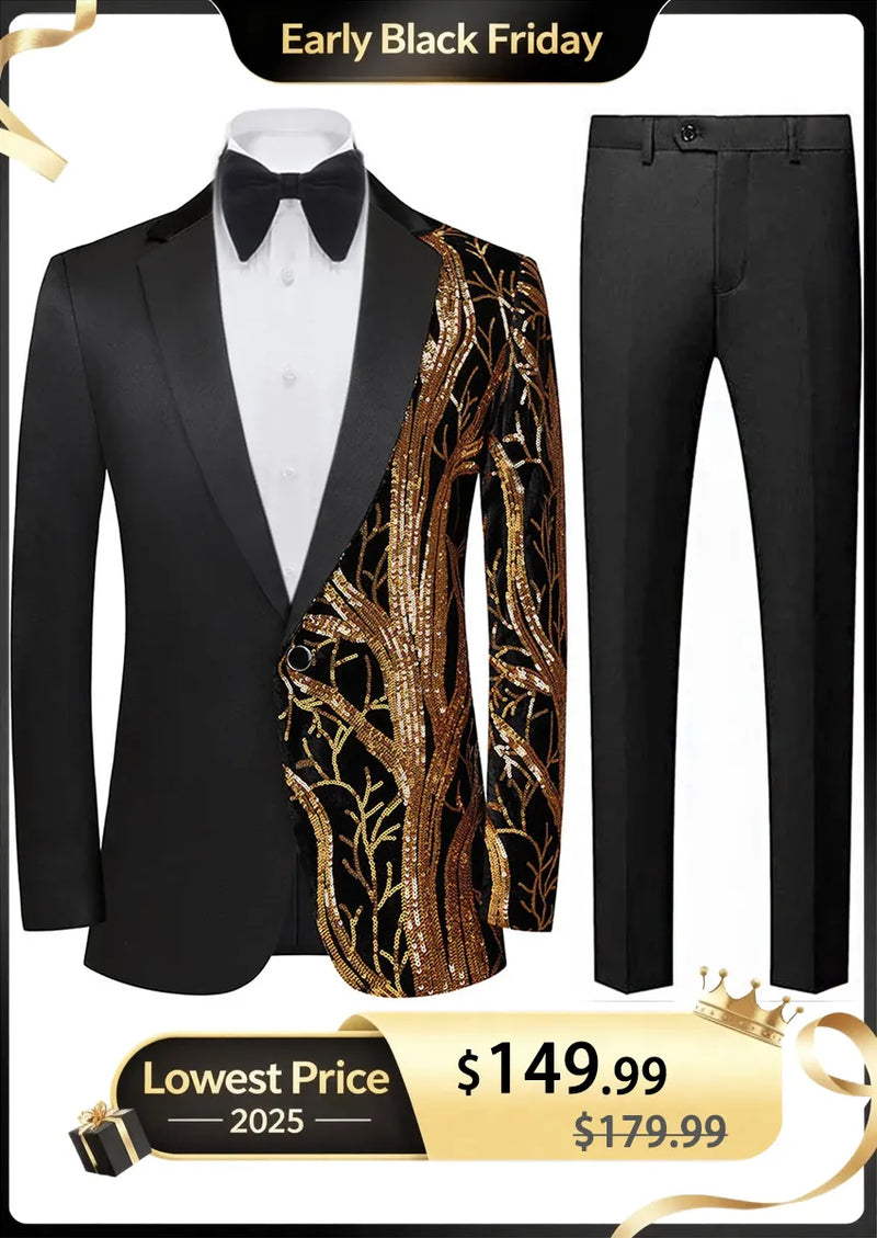 Men's 2-Piece Suit Gold Sequin Branches Black Tuxedo