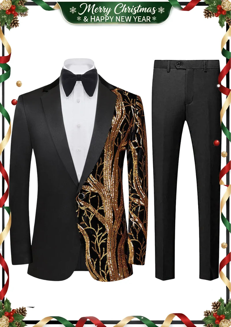 Men's 2-Piece Suit Gold Sequin Branches Black Tuxedo