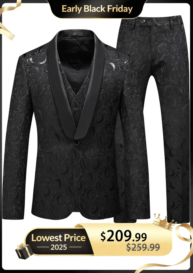 Men's 3-Piece Black Rose Embroidery Shawl Lapel Wedding Suit