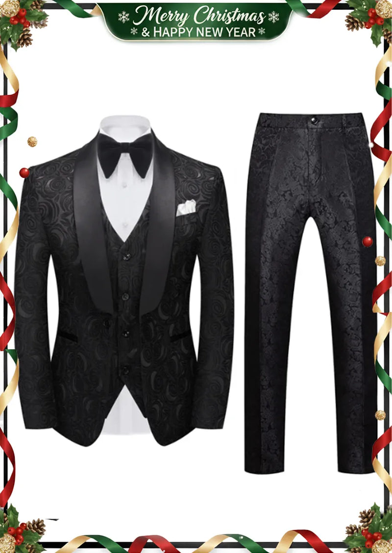 Men's 3-Piece Black Rose Embroidery Shawl Lapel Wedding Tuxedo