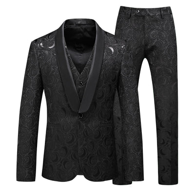 Men's 3-Piece Black Rose Embroidery Shawl Lapel Wedding Suit