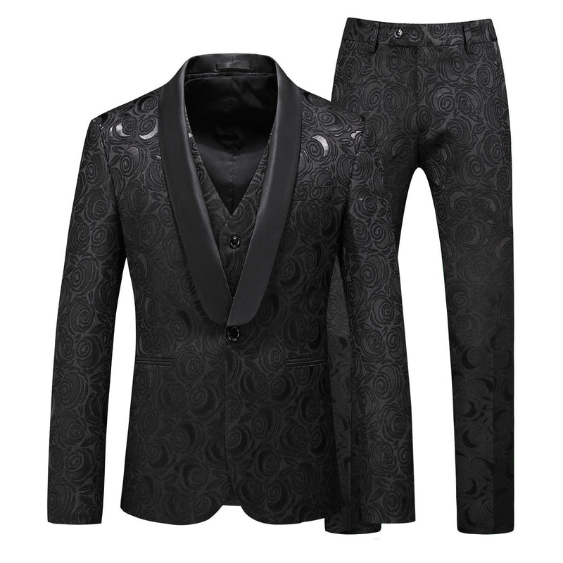 Men's Modern Fit Rose Pattern Peak Lapel Wedding Tuxedo in Black & White main image 0